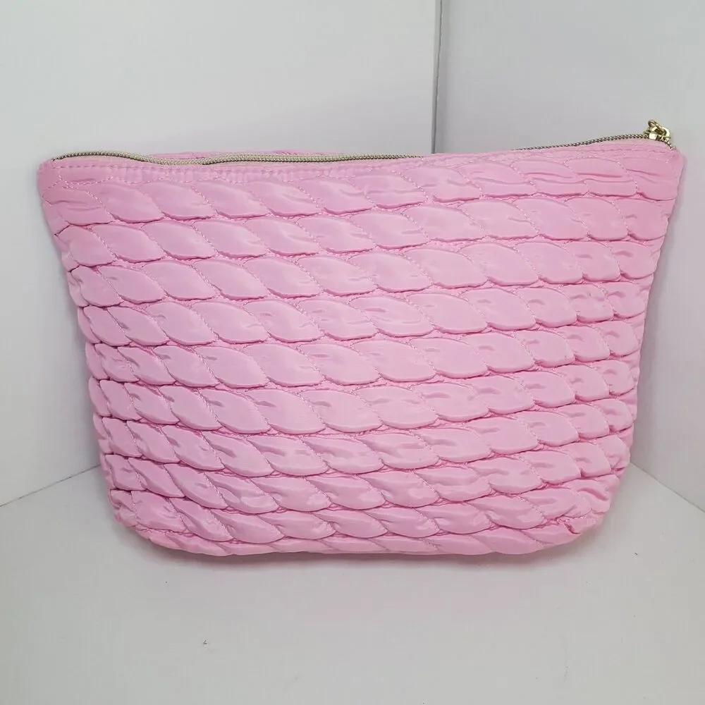 Juicy Couture Large Quilted Makeup Cosmetic Travel Zipper Bag Logo Baby Pink